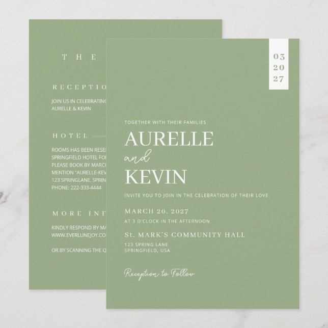 Invitation Minimalist Simple Elegant Sage QR Code Wedding (Devant / Derrière)