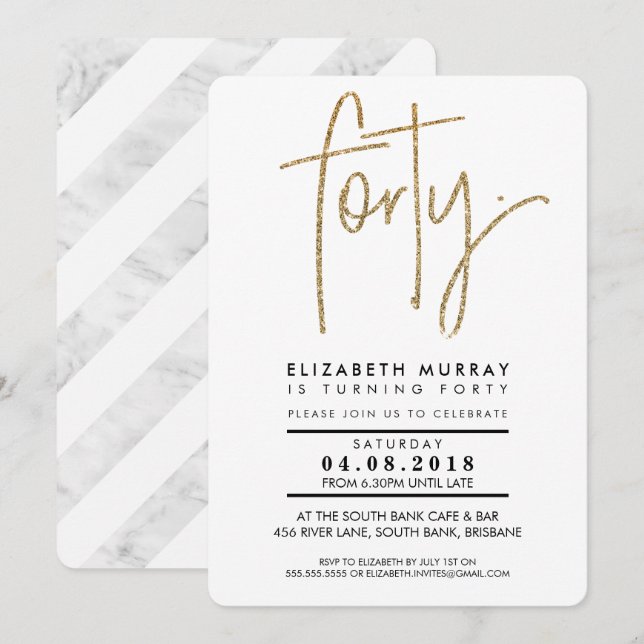 Invitation MINIMALIST simple parties scintillant or 40e QUARA (Devant / Derrière)