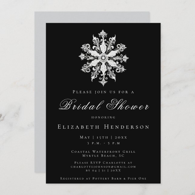 Invitation Minimalist Snowflake Bridal Shower | Black (Devant / Derrière)