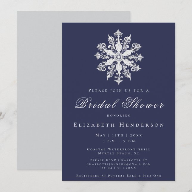 Invitation Minimalist Snowflake Bridal Shower | Navy Blue (Devant / Derrière)