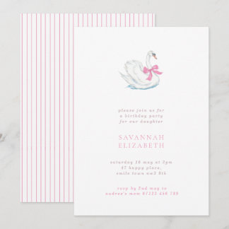 Invitation Minimalist Swan and Pink Bow Girls Birthday Party