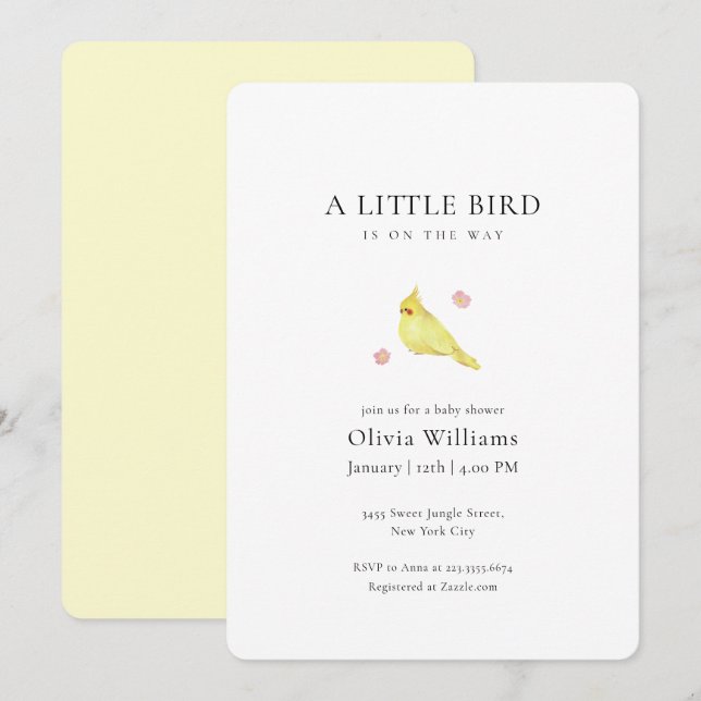 Invitation Minimalist Tiny Floral Bird Baby Shower  (Devant / Derrière)