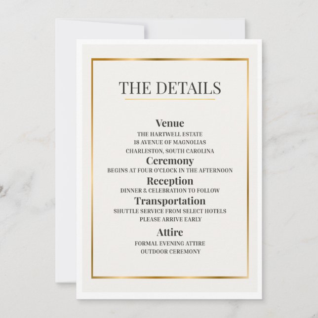 Invitation Minimalist Wedding Details Card – Gold Border (Devant)