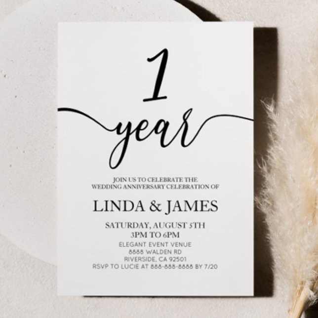 Invitation Minimalist White Black 1st Wedding Anniversary (Créateur téléchargé)