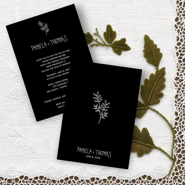 Invitation Minimalist White branches and Leaves for Wedding (Boho Chic Wedding Announcement. Modern Script. Black & White Floral.)