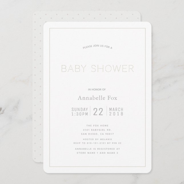 Invitation minimaliste au Baby shower blanc modern (Devant / Derrière)