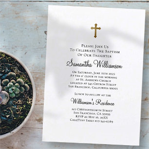 Invitation Minimaliste avec croix en faux or Baptême