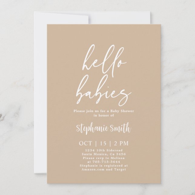 Invitation minimaliste Baby shower Twins Beige (Devant)
