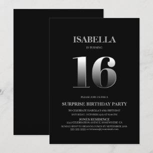 Invitation Minimaliste Black and Silver Surprise 16e annivers