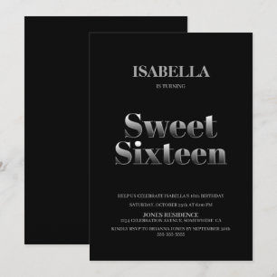 Invitation Minimaliste Black and Silver Sweet 16 Anniversaire