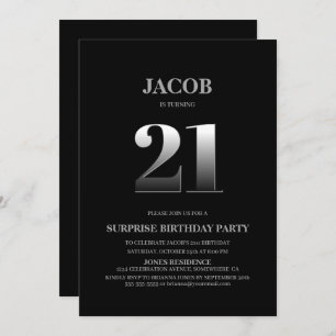 Invitation Minimaliste Black et Silver Surprise 21e anniversa