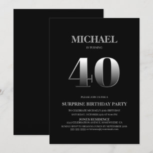 Invitation Minimaliste Black et Silver Surprise 40e anniversa