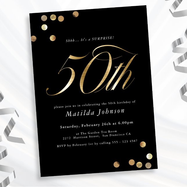 Invitation Minimaliste Black Gold Surprise 50e fête d'anniver (Mockup View)