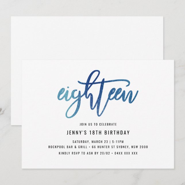Invitation Minimaliste Blue Foil 18e anniversaire (Devant / Derrière)