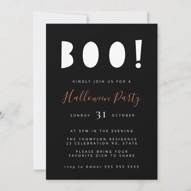 Invitation minimaliste Boo Halloween Black Party (Devant)