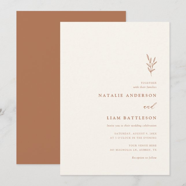 Invitation Minimaliste Botanique Brûlé Orange Mariage Invitat (Devant / Derrière)