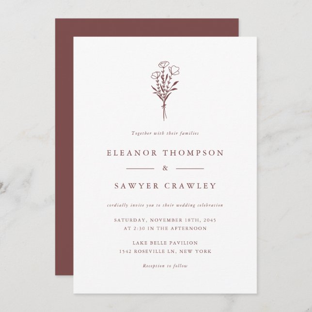 Invitation Minimaliste Botaniques Mauve Mariage (Devant / Derrière)