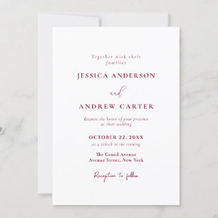 Invitation Minimaliste Bourgogne Rouge & Blanc Simple Mariage