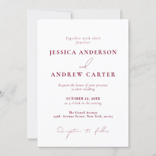 Invitation Minimaliste Bourgogne Rouge & Blanc Simple Mariage