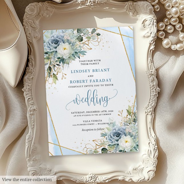 Invitation Minimaliste Dusty Blue Gold Flowers (Minimalist Dusty Blue Gold Flowers Wedding Invite)