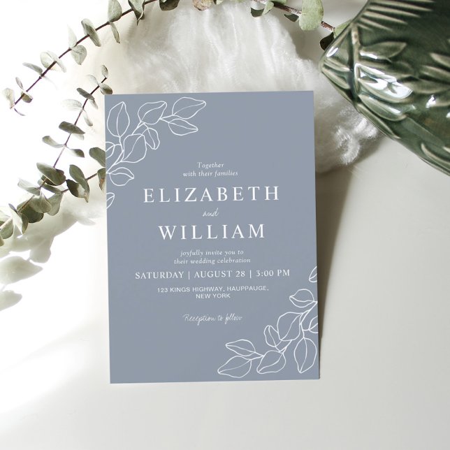 Invitation Minimaliste Dusty Blue Line Art Botanique Mariage (Créateur téléchargé)