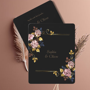 Invitation Minimaliste Elegant Boho Black Gold Floral Mariage