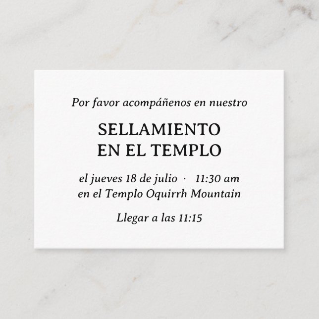 Invitation Minimaliste Espagnole Temple Sealing In (Devant)