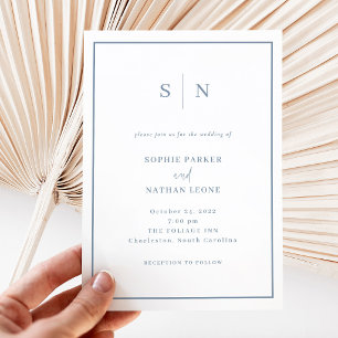 Invitation Minimaliste et Chic   Mariage Blanc et Bleu Poussi