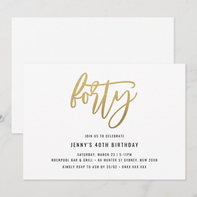 Invitation minimaliste Gold Foil 40e anniversaire (Devant / Derrière)