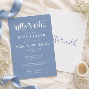 Invitation Minimaliste Hello World Baby Shower Bleu Poussiére