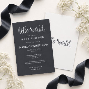 Invitation Minimaliste Hello World Baby Shower Noir Soft
