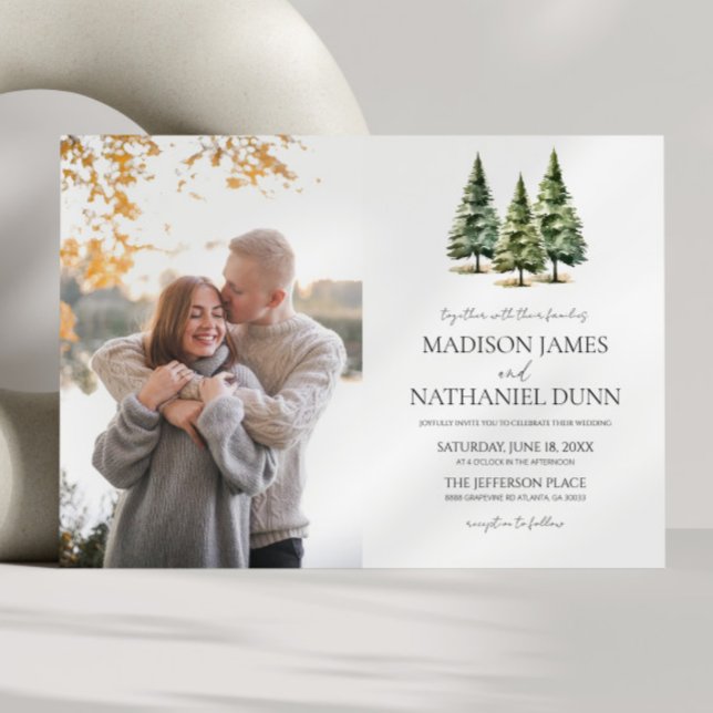 Invitation Minimaliste hiver Pin neige arbres Mariage photo (Créateur téléchargé)