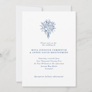 Invitation Minimaliste Marseille Bleu Line Art Floral Mariage