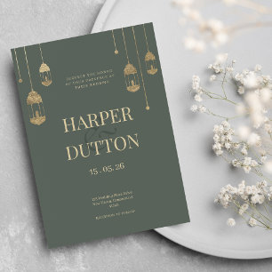 Invitation Minimaliste mauve vert lanterne d'or lumières mari