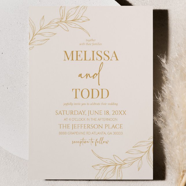 Invitation Minimaliste minimaliste Gold Beige Branche Mariage (Créateur téléchargé)
