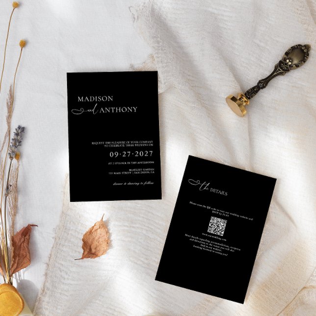 Invitation Minimaliste & moderne Black QR Code 2 en 1 Mariage (Créateur téléchargé)