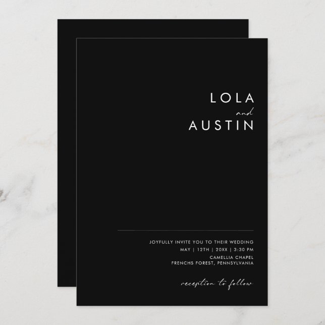 Invitation Minimaliste moderne | Mariage Décontracté noir (Devant / Derrière)