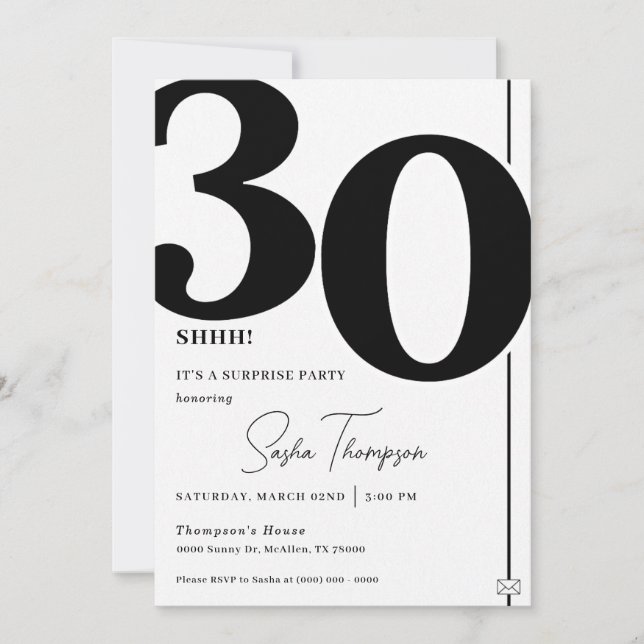 Invitation minimaliste moderne noire 30ème anniver (Devant)