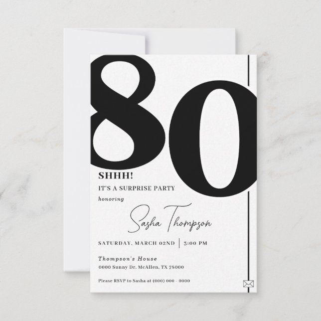 Invitation minimaliste moderne noire 80e anniversa (Devant)