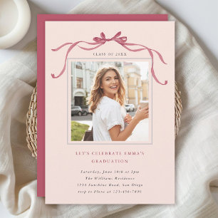 Invitation Minimaliste Nœud Rose Profond pour Photo de Fête d