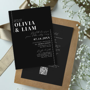 Invitation Minimaliste noir tout un RSVP QR Code Mariage