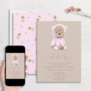 Invitation Minimaliste Oh Baby Baby shower d'ours rose