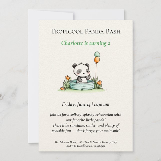 Invitation minimaliste Panda Pool (Devant)