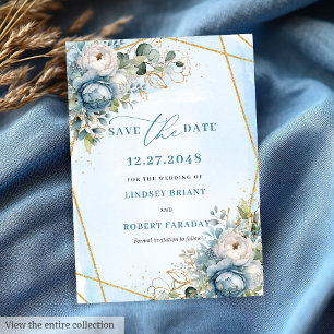 Invitation Minimaliste Pastel Blue White Gold Peony Date d'en