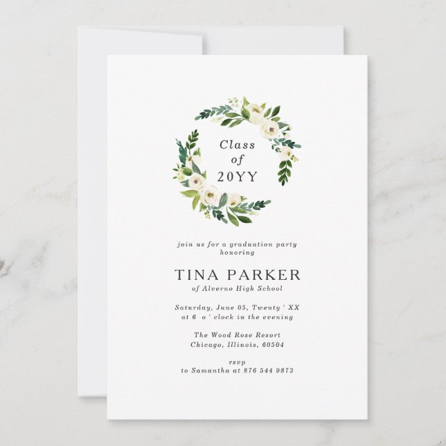 Invitation Minimaliste Roses Blanches Verdure Photo Graduatio (Devant)