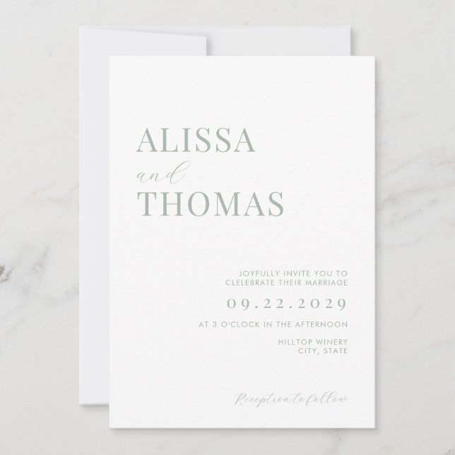 Invitation Minimaliste Sage Vert Mariage moderne (Devant)