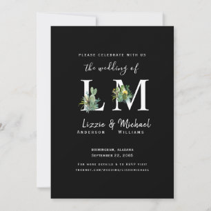 Invitation Minimaliste Simple Cactus Mariage Monogramme Noir