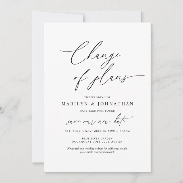 Invitation Minimaliste simple, Changement de plans, mariage r (Devant)