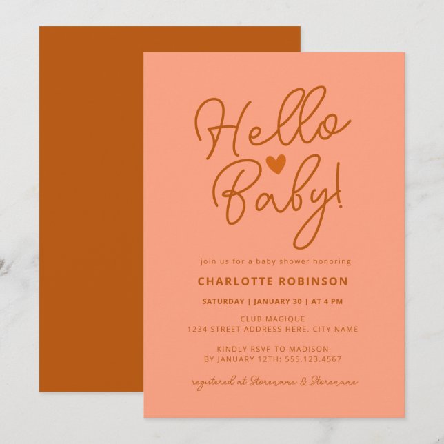 Invitation Minimaliste Terracotta rose Boho Hello Baby shower (Devant / Derrière)