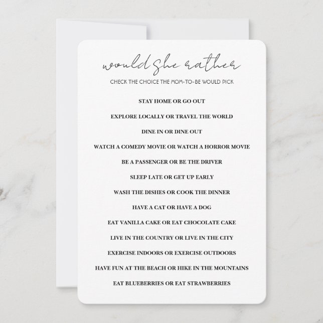 Invitation Minimaliste Voudrait-Elle Plutôt Baby shower Jeu (Devant)